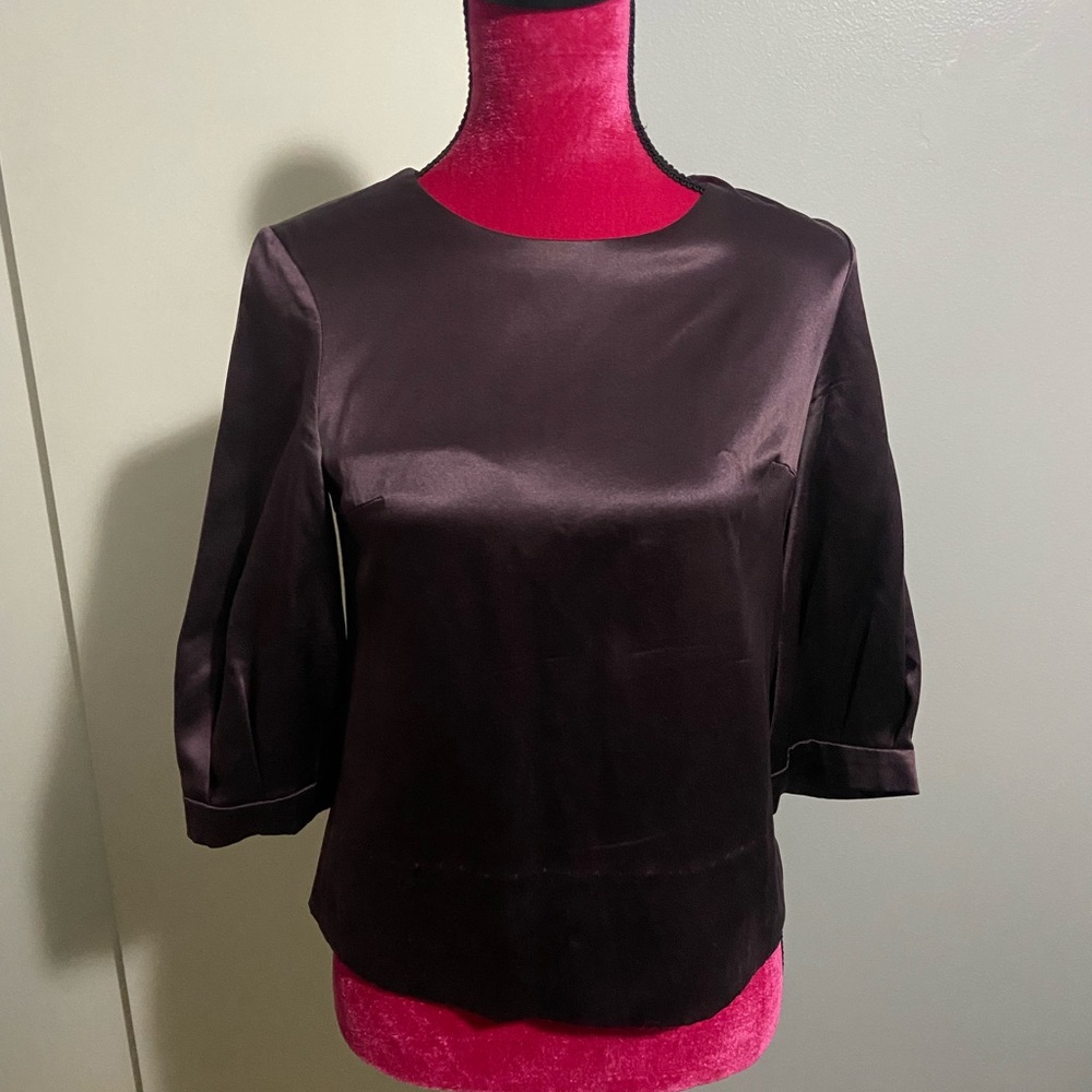 🌷3.1 Phillip Lim 100% Silk Satin Elbow Sleeve Blouse Dark Plum Brown